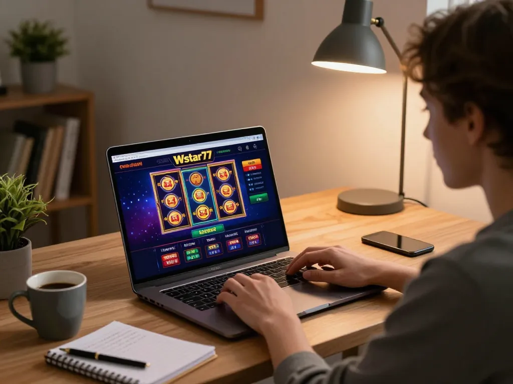 Wstar77 player engaged in online gambling with vibrant casino interface on laptop.