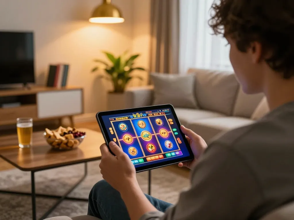 Engaging online slots gameplay on fabet88z tablet in a cozy living room setting