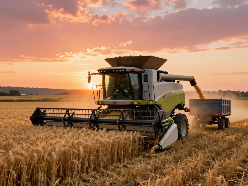 Operator using a New Holland TR88 combine harvester during sunset, showcasing efficient crop harvesting in golden wheat fields.