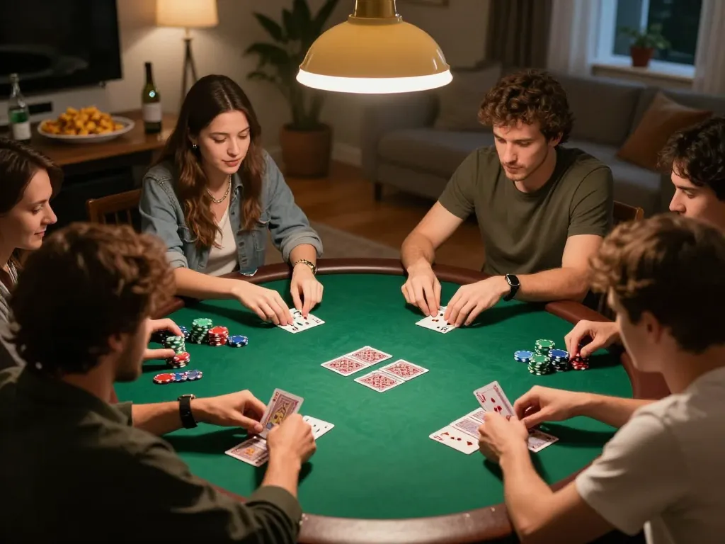 Enjoying a thrilling home poker night with friends at 789Win, showcasing an intense gaming atmosphere.