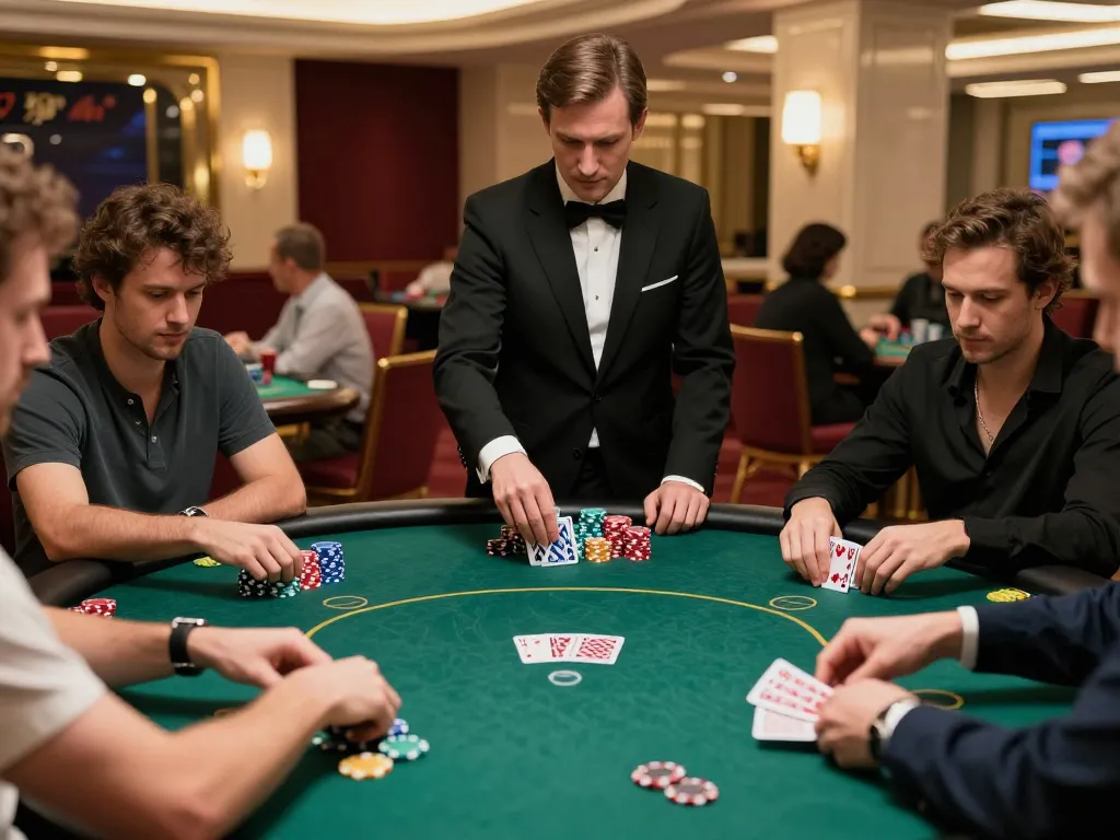 78win players strategizing in an upscale poker game at a luxury casino with engaged expressions.