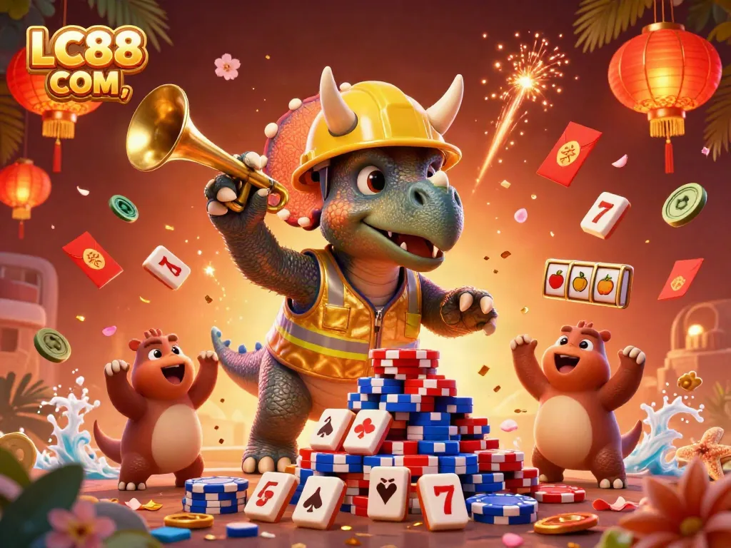 Celebrate wins at LC88 COM with a vibrant 3D casino scene featuring a cheerful triceratops and festive game elements.