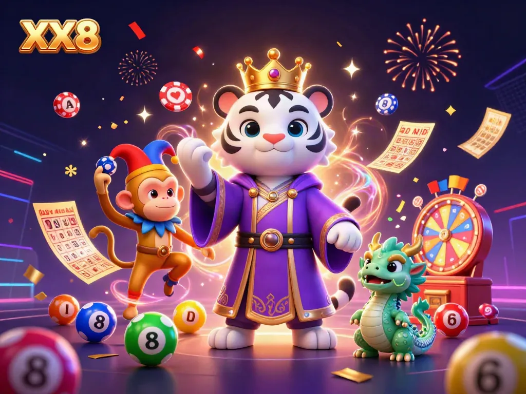 Experience exciting gaming at XX 8 with animated characters, lively casino elements, and vibrant colors.