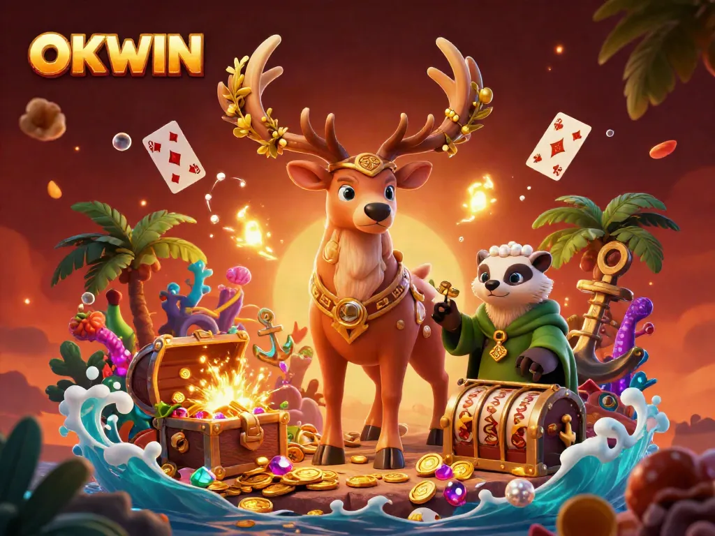 Experience the vibrant casino atmosphere with OKWIN as the druid stag and badger delight in treasures, games, and mystical lights.