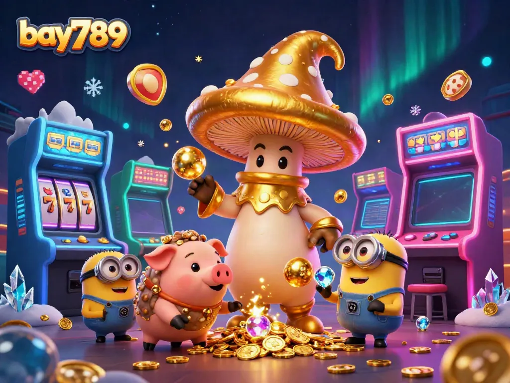 Experience exhilarating moments at bay789 with golden wizard and truffle pig in dynamic casino scene