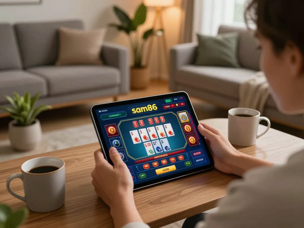Engaging gameplay on sam86 app in a stylish home setting, showcasing card games and slots.