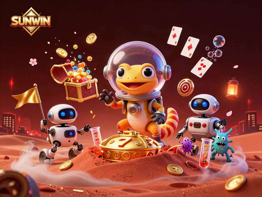 SUNWIN showcases a vibrant Martian casino scene with a cheerful gecko and dynamic gaming elements.