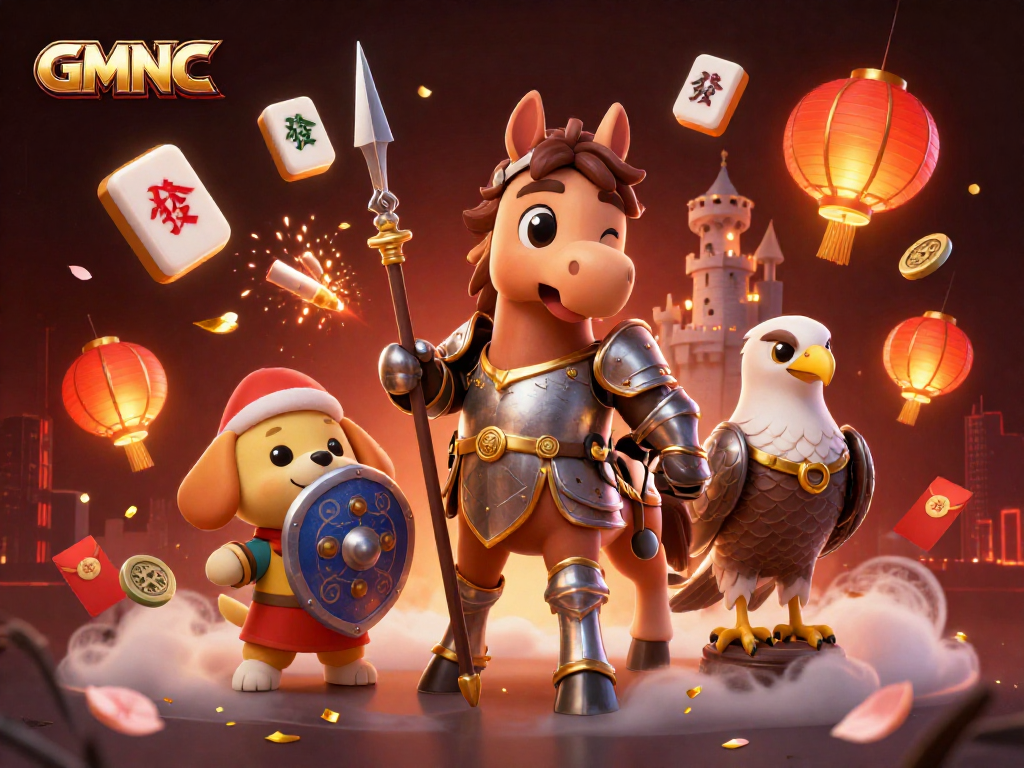 Experience GMNC through an engaging 3D scene of a knight, puppy, and falcon in a vibrant casino setting.