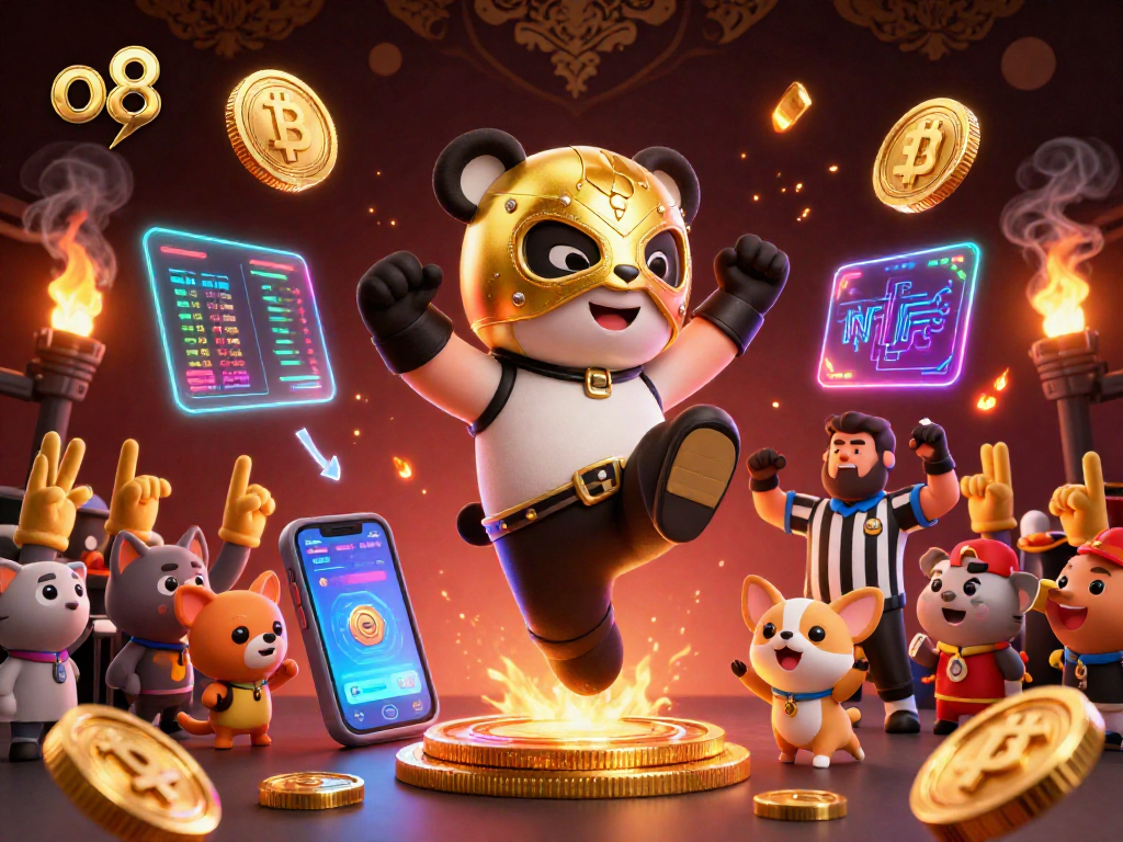 Experience fun with o8 through our vibrant gaming scene featuring a panda wrestler and tiny cheering animals.
