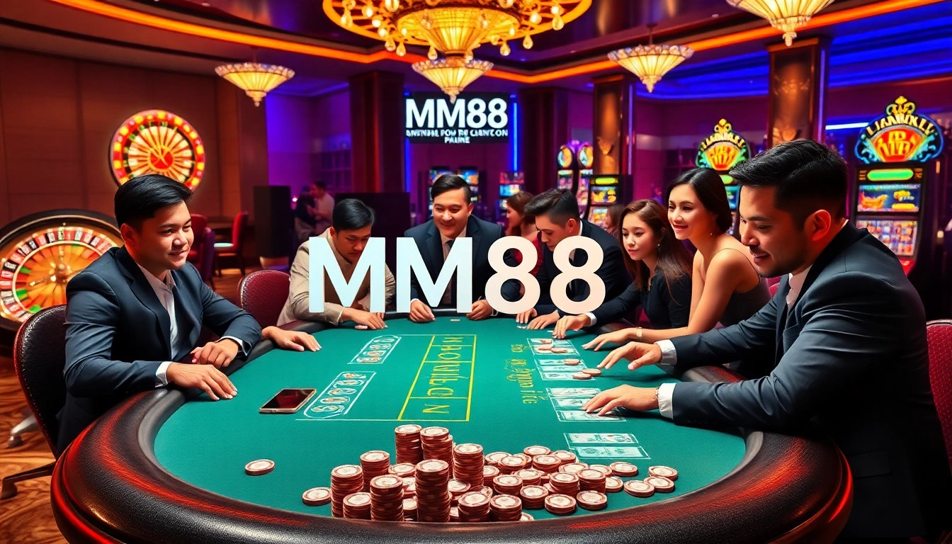 Players enjoying poker at an MM88 casino table with vibrant chips and roulette wheel in the background.