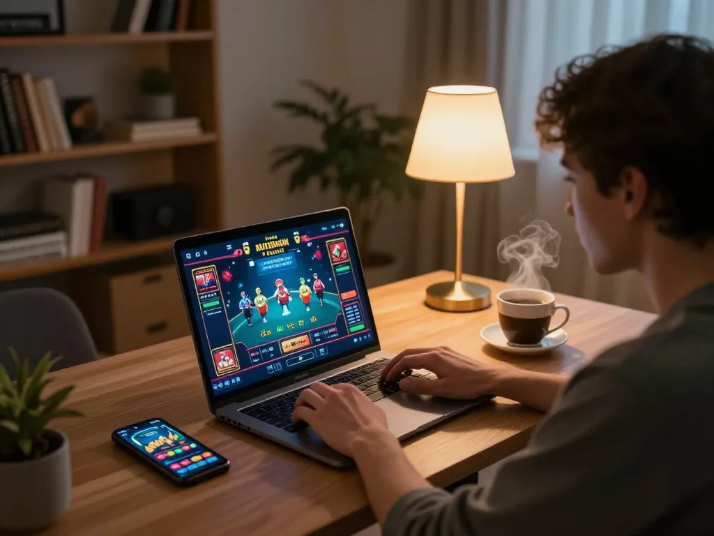 Player engaged in online gaming at HB88 laptop with cozy atmosphere
