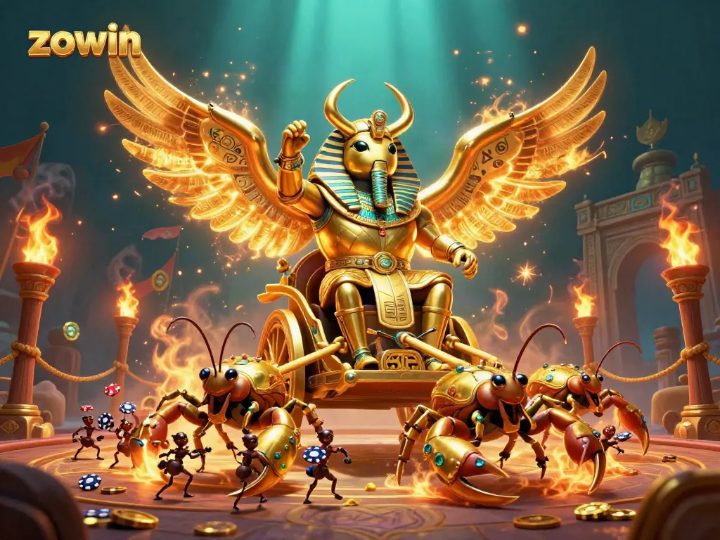 Engage with the dynamic action at Zowin featuring golden scarab high-stakes themes and colorful betting tokens.
