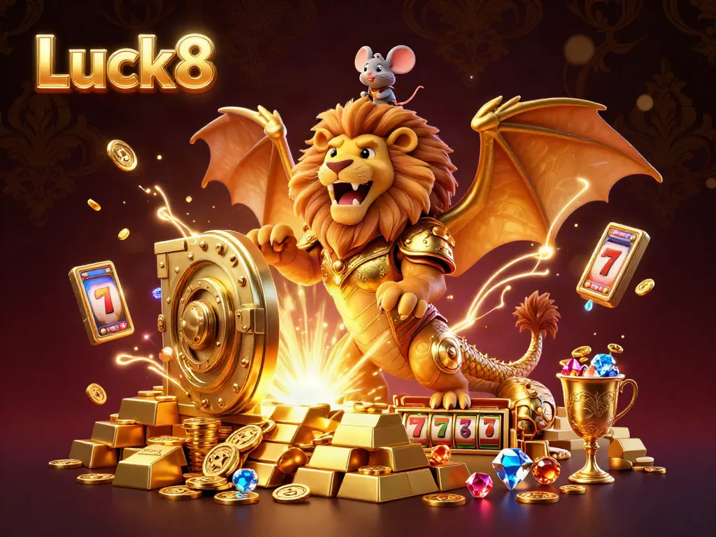 Experience the thrilling casino atmosphere of Luck8 with a roaring golden chimera and treasure bursting forth.
