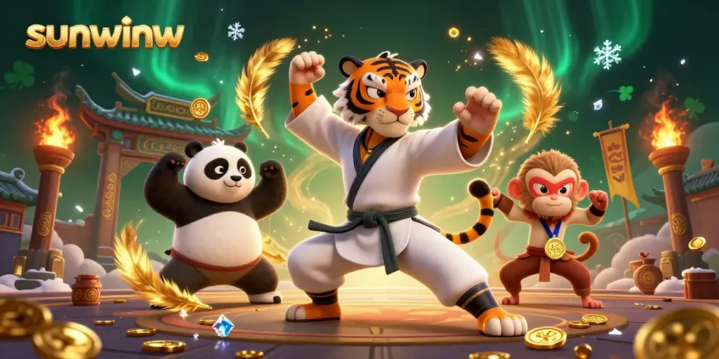 Engage in thrilling gambling with sunwinw, featuring kung fu tiger and panda in a dynamic casino scene.