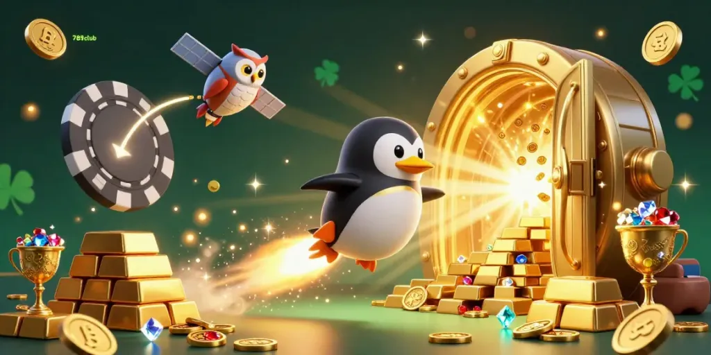 Experience the thrilling world of 789club with our golden penguin racing to a poker chip station, surrounded by treasures.