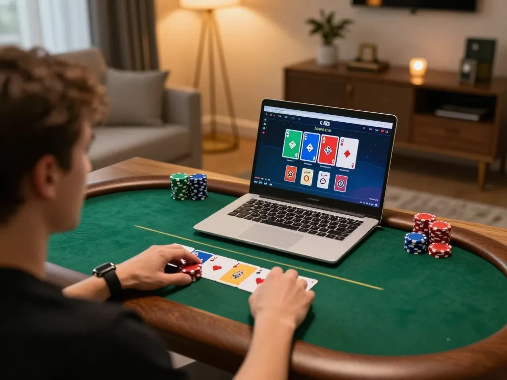 Rikvip player competing in online poker with vibrant cards and chips displayed.