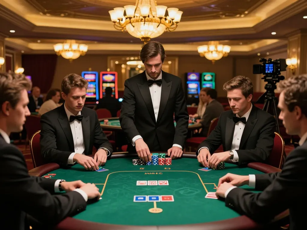 Players engage in a high-stakes poker game at an upscale casino, highlighting 888VI's strategic excitement.