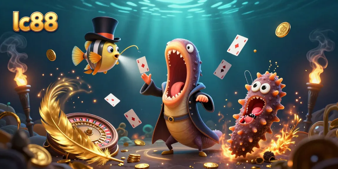 Engage in thrilling games at lc88, where a deep-sea gulper eel performs spectacular card magic amidst glittering coins.