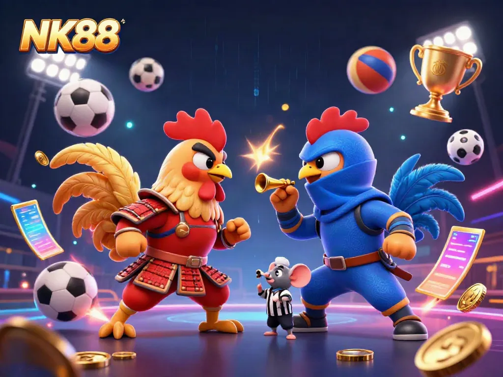 Engaging NK88 scene with dynamic cartoon fighting roosters in colorful standoff, emphasizing casino-themed elements.