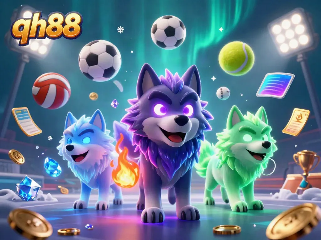 Engage with exciting sports betting at qh88, featuring dynamic gaming elements and glowing characters.