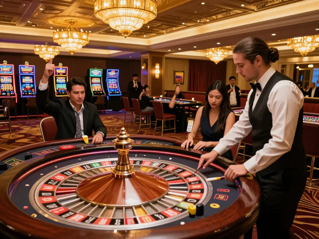 A thrilling roulette game in a luxurious casino at 99wincasino with players engaged and croupier managing bets.