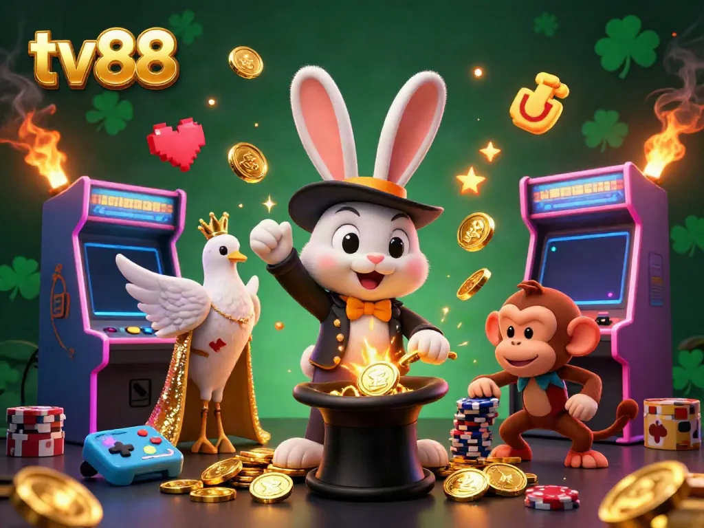 Win big at tv88 with a charming magician rabbit, dove, and monkey in a vibrant casino scene.
