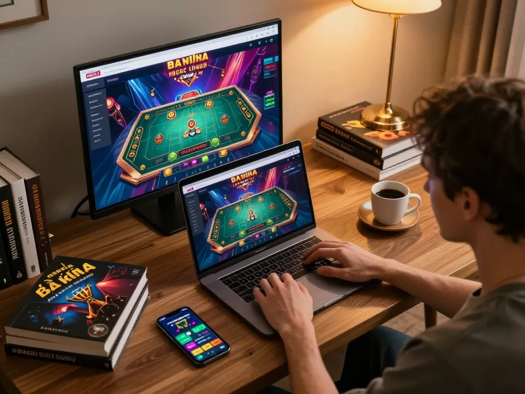 Engaged player enjoying game bài đổi thưởng on laptop in cozy home setup, showing betting app and strategy books.