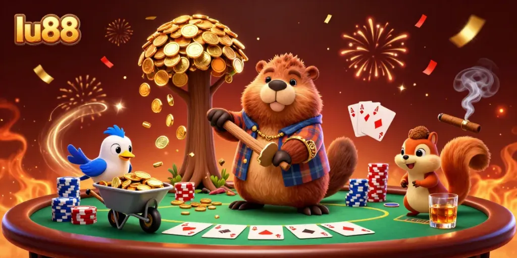 Join the lu88 gaming adventure with vibrant characters celebrating wealth through exciting gameplay