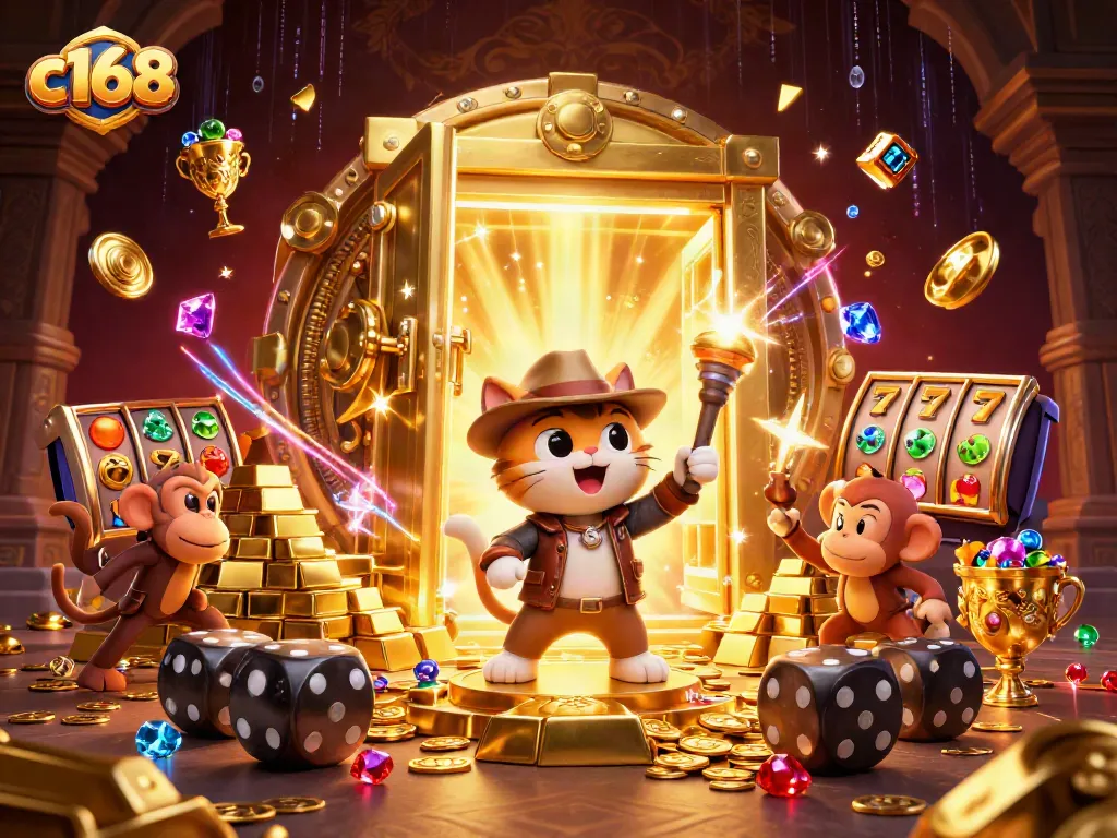 Uncover winning strategies with c168 in a vibrant, action-packed casino adventure scene.