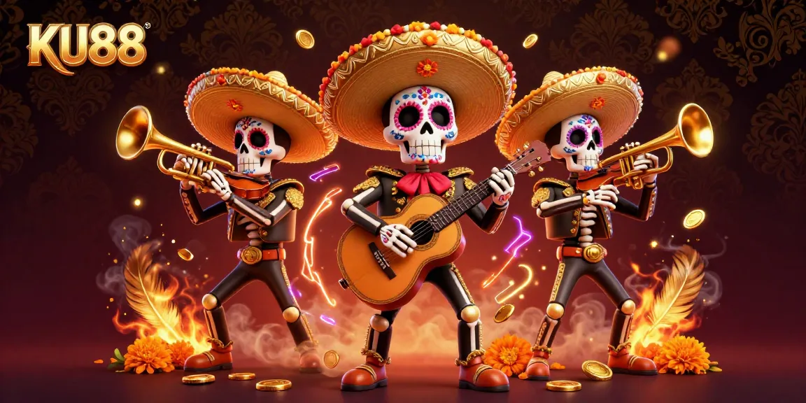 Engage with KU88 through a vibrant 3D scene showcasing a festive mariachi band amidst gold coins and energetic casino elements.