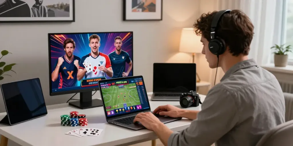 Engaging online betting experience with vin88, showcasing a user placing sports bets in a modern living room.