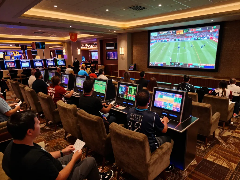 Kèo Nhà Cái displayed on screens in a vibrant sportsbook, showcasing live betting action and enthusiastic sports fans.
