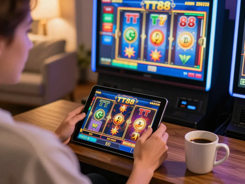 Player enjoying TT88 mobile slots on tablet in a cozy home gaming setup.
