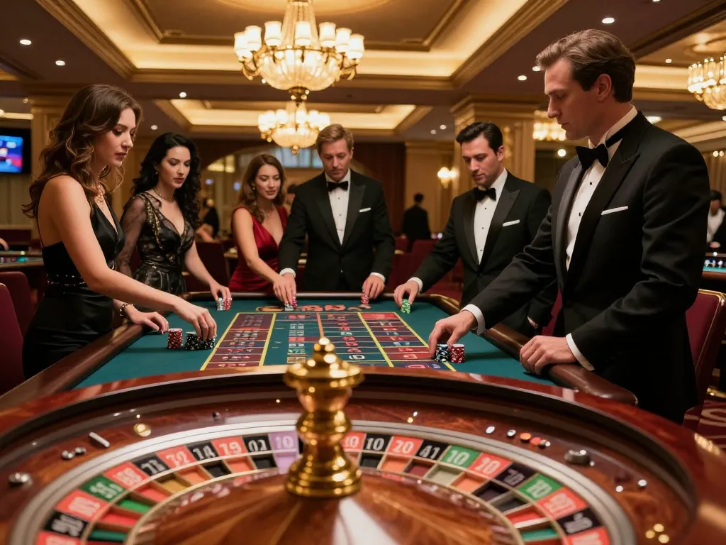 Players engaged in strategic roulette gameplay at HZ88 Casino, showcasing elegance and excitement.