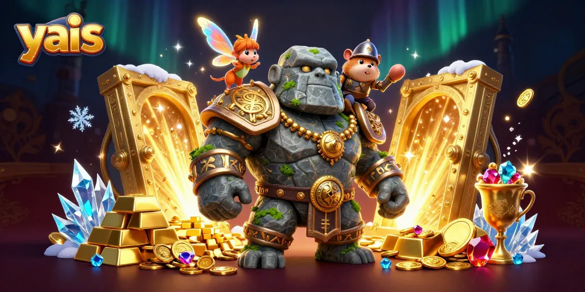 Engage with yais as you spin your fortune with a golem guardian and magical fairy in a treasure-filled scene.