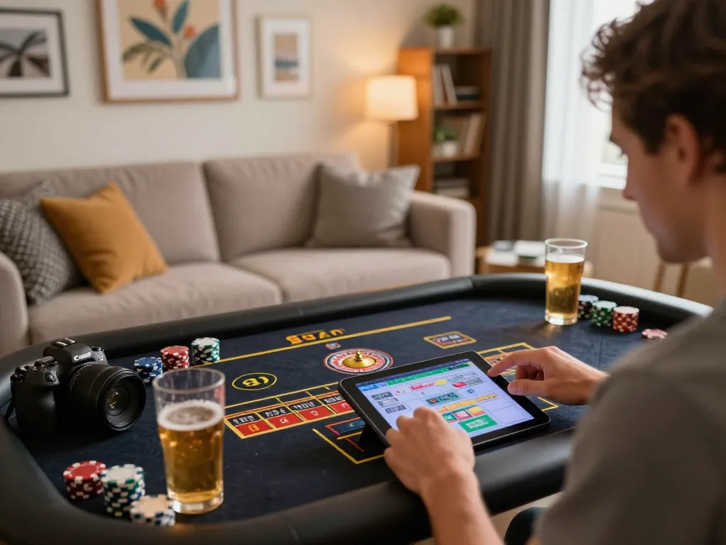 Experience thrilling online roulette action with sky88 on a tablet in a cozy living room setting