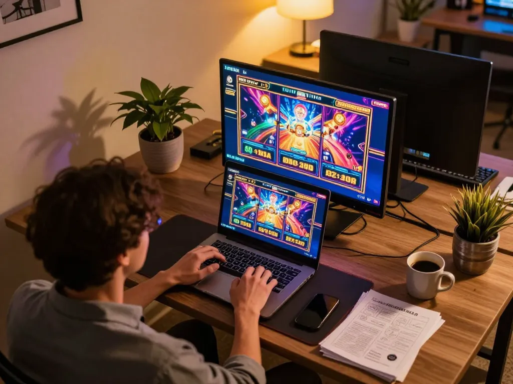 Engaged player enjoying online slots experience with mb66 in a cozy home setting