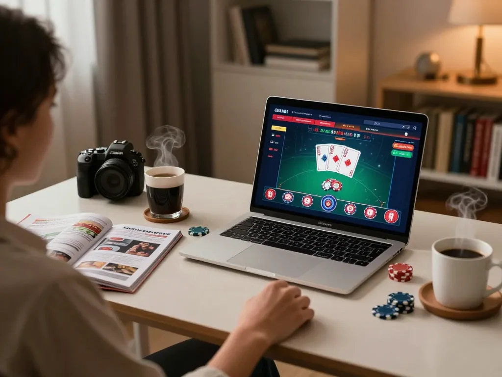 KJC player engaged in online poker at home, showcasing gaming interaction and strategy.