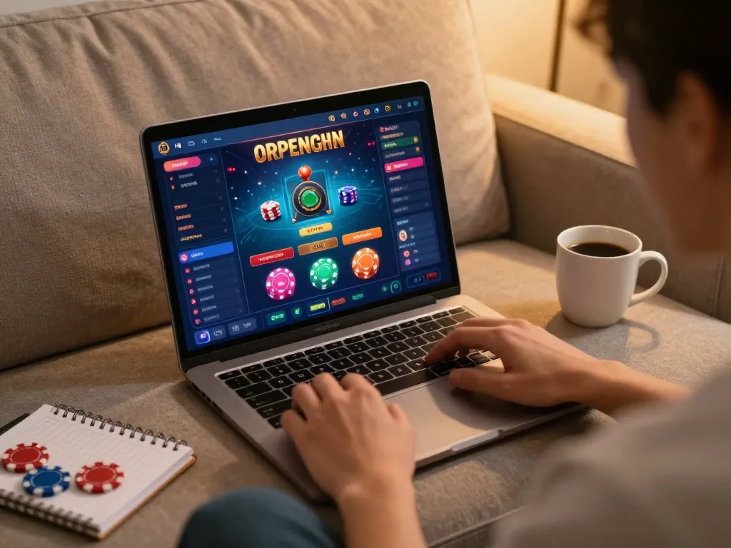 23WIN player enjoying online casino gaming strategy at home, laptop open with vibrant graphics.