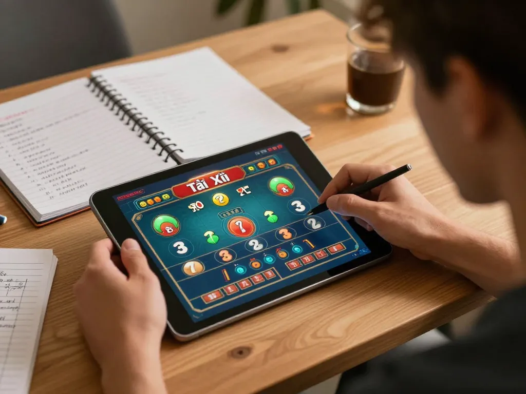 Tài Xỉu gameplay on taixiuonline8 tablet with strategies in cozy home office environment.