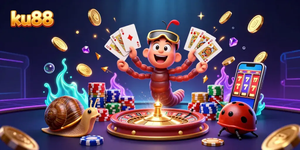 Experience thrilling gameplay with ku88's vibrant casino scene featuring dynamic characters and festive gaming elements.