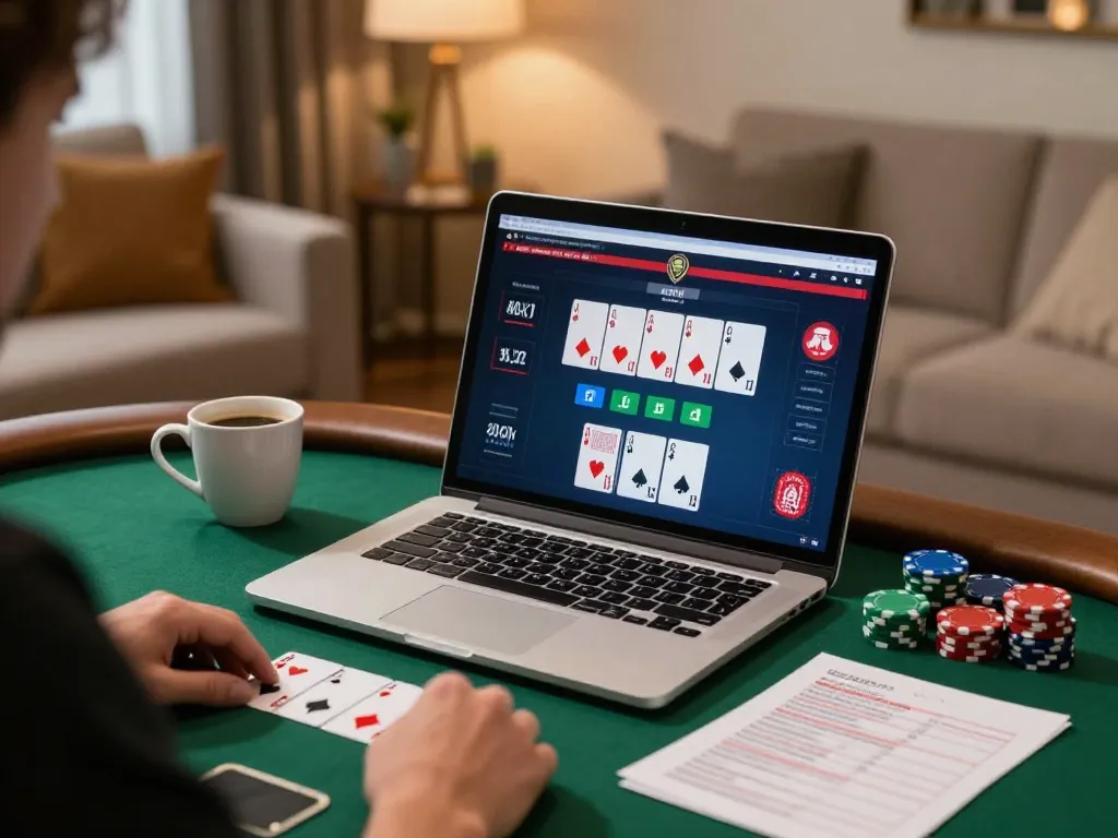 Playing poker in a cozy setting using a laptop, Hướng dẫn go8 available for better strategies