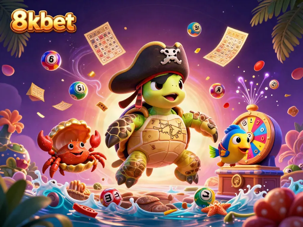 Engage in vibrant action with 8xbet as pirate turtle, hermit crab, and parrotfish celebrate casino games.