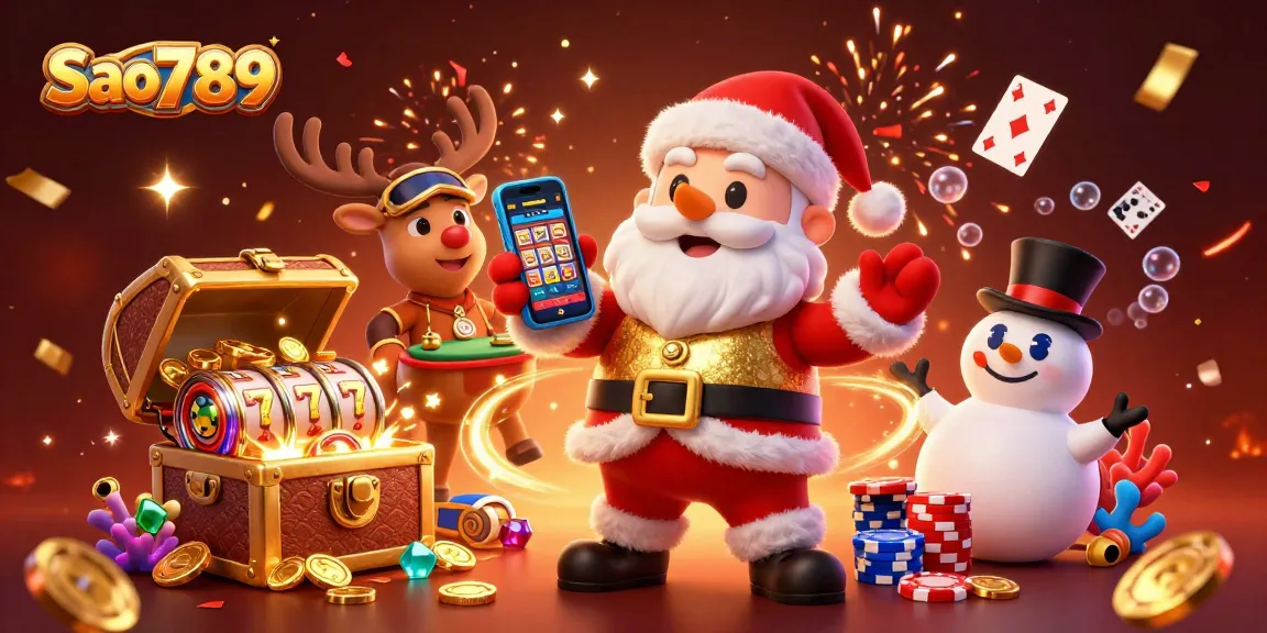 Sao789 engages players with colorful jackpot slots and festive characters in a vibrant casino scene.
