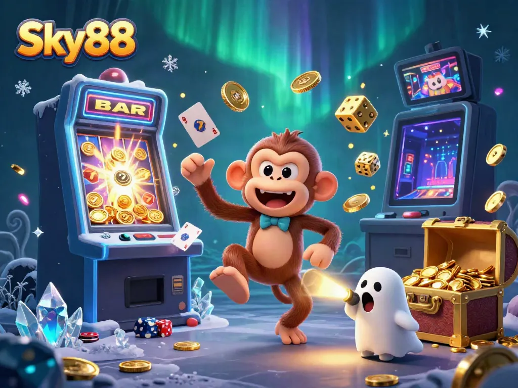 Sky88 casino scene with vivid characters, games, and vibrant effects depicting thrilling gambling action.