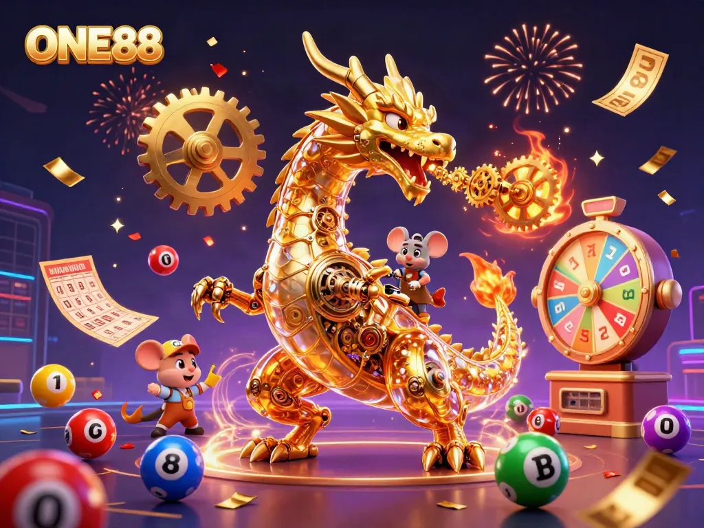 Engage with the excitement of ONE88 as a golden dragon breathes prizes and cash while games explode with energy.