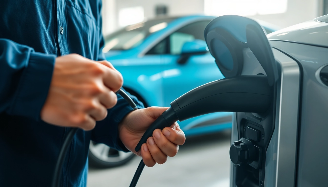 Technician installing McNally EV charger in a modern garage setting.