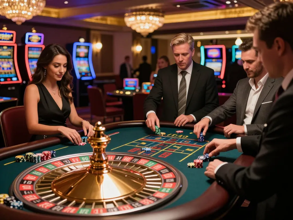 Lucky88z players enjoying a thrilling roulette game at a vibrant casino floor.