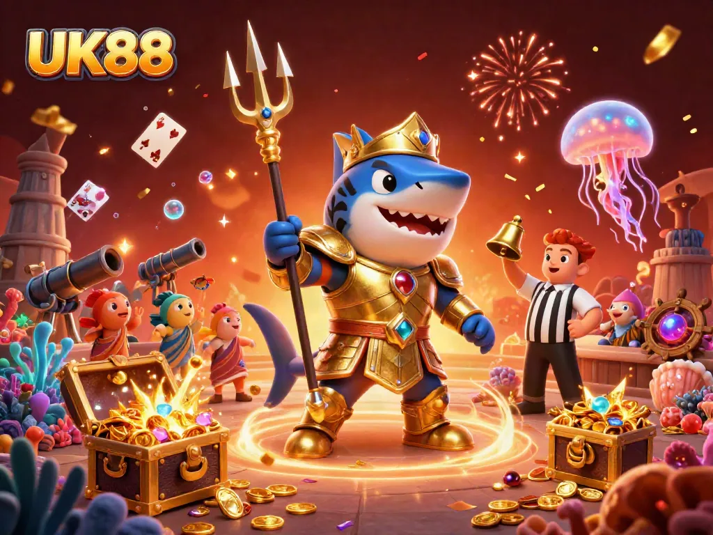 Engaging underwater scene showing UK88's dynamic casino elements with cartoon tiger shark and treasures.