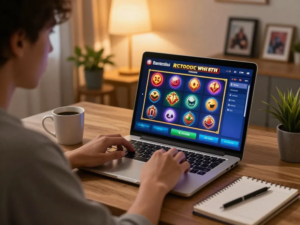 Player enjoying online slot games on 98win platform at home with coffee and strategy notes